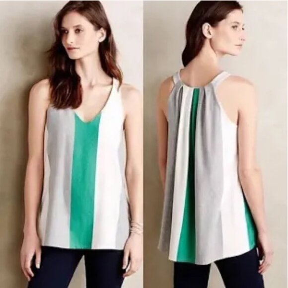 ANTHRO I Green, Grey & White Striped Racer Back Swing Halter Tank by Puella, S - Picture 3 of 11